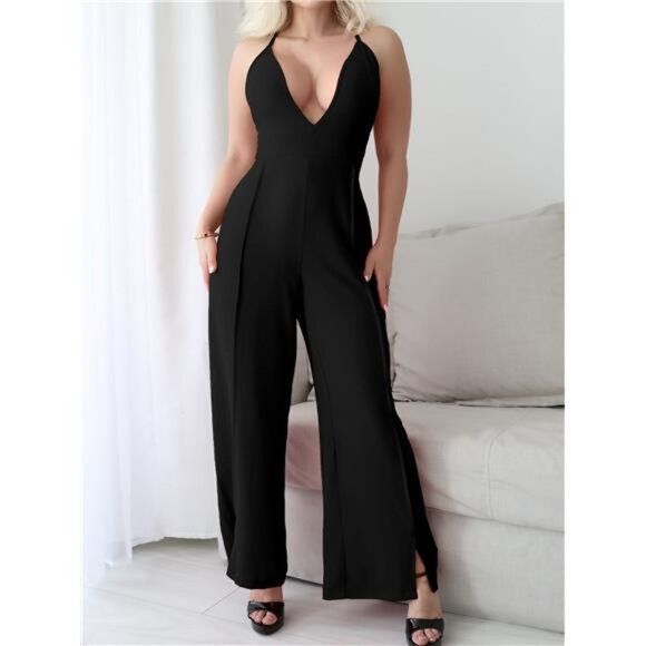 Crisscross Back V-Neck Wide Leg Jumpsuit - Picture 1 of 6